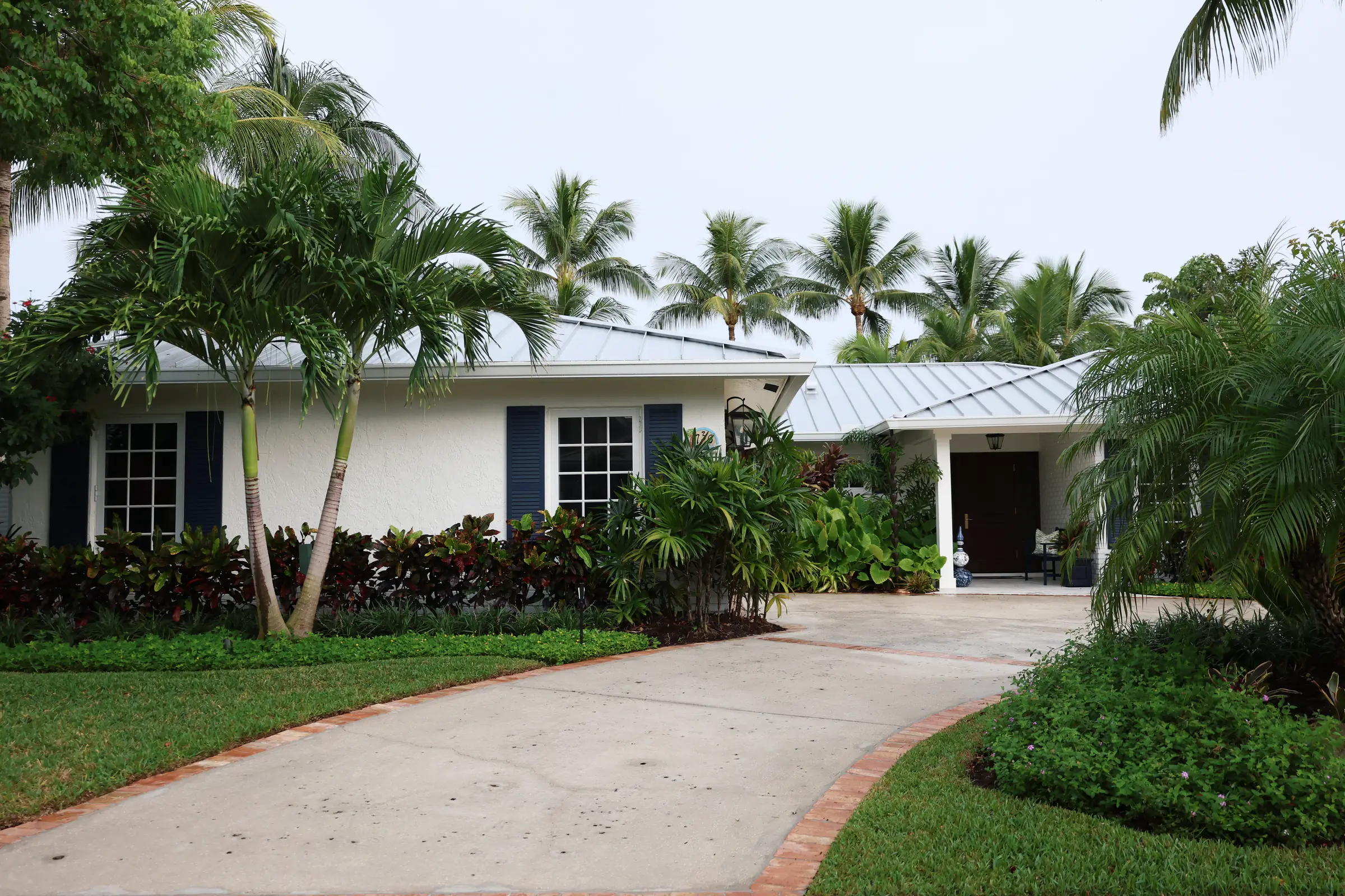 Front door, shutters and tropical bed