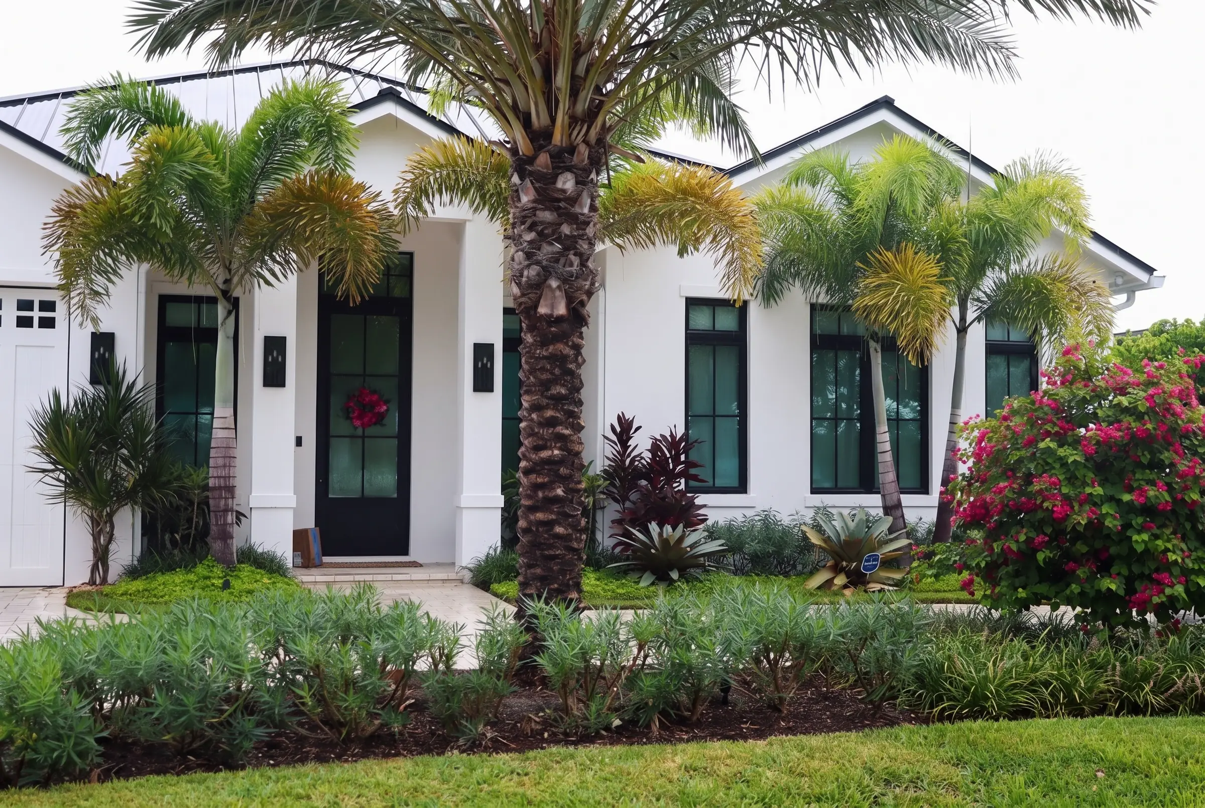 White facade with palms and bromeliads