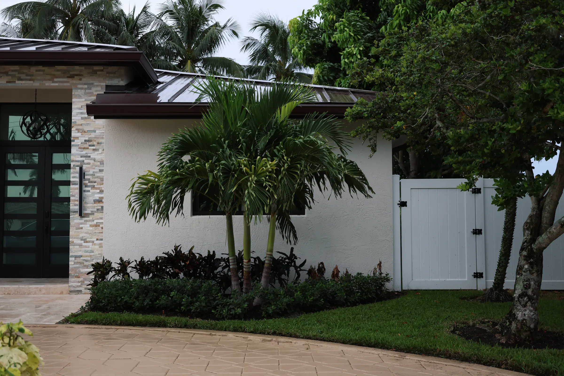 Modern facade with palms and gate