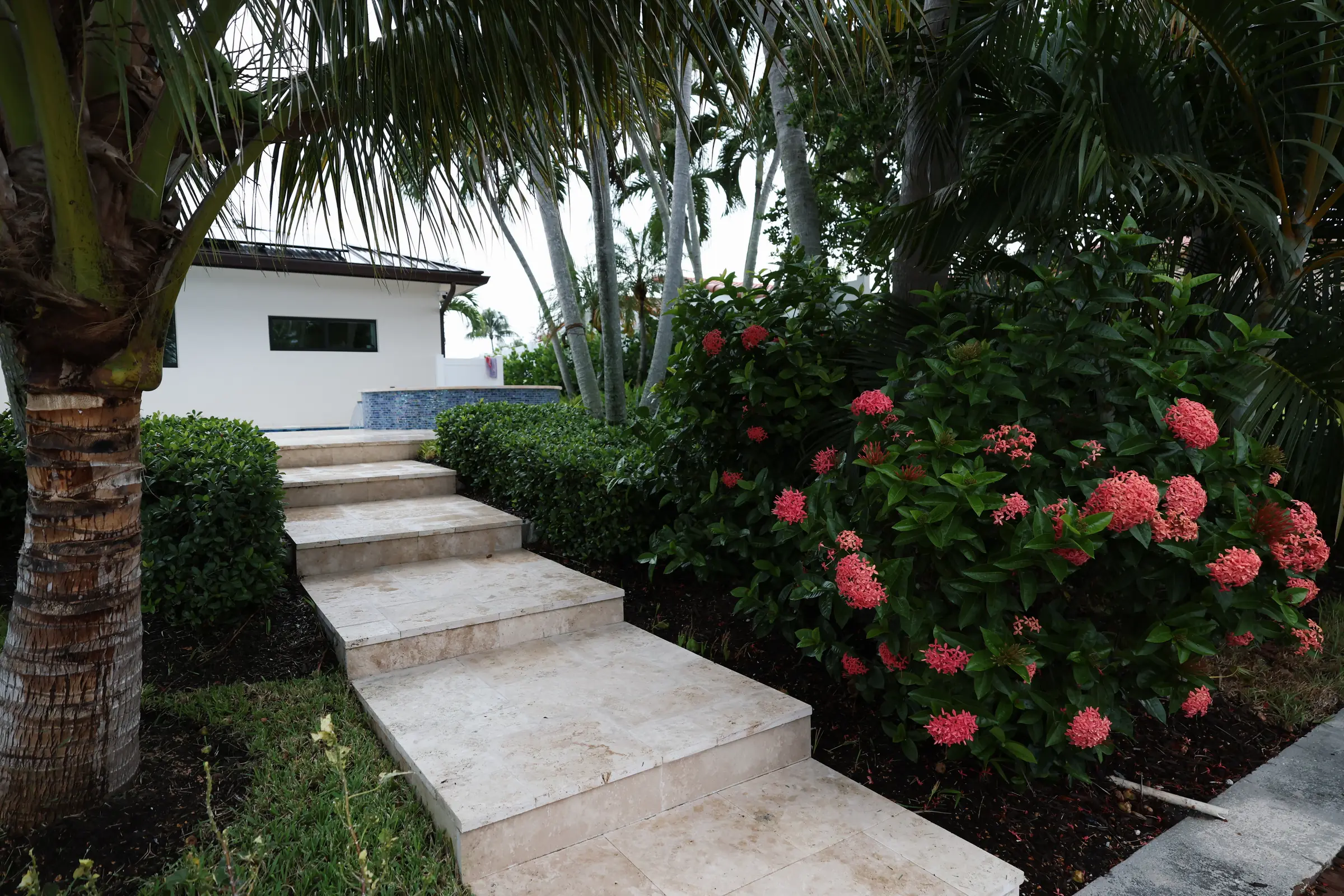 Travertine steps with coral ixora